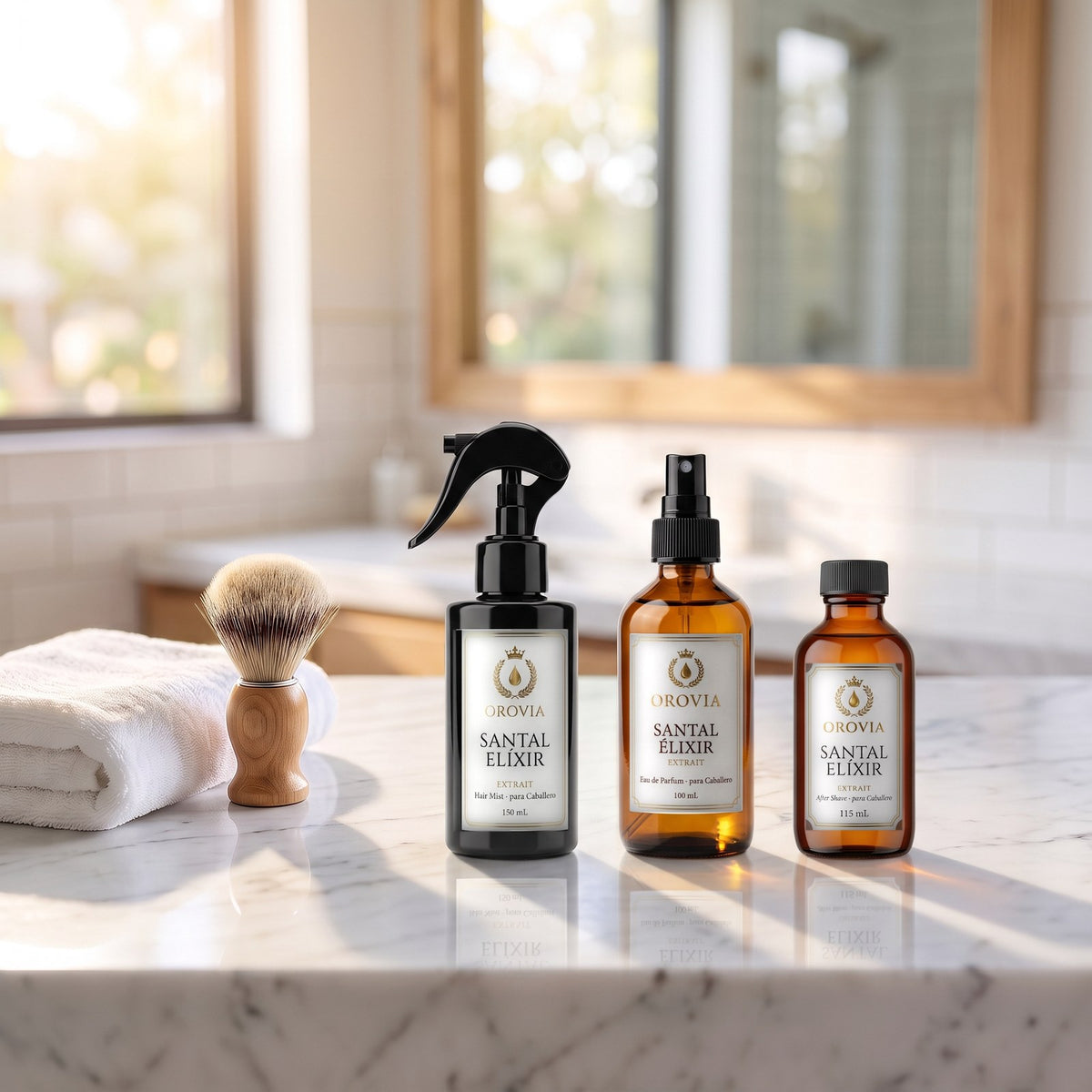 Santal Élixir · Kit Caballero: Eau de Parfum, Hair Mist y After Shave en ambiente