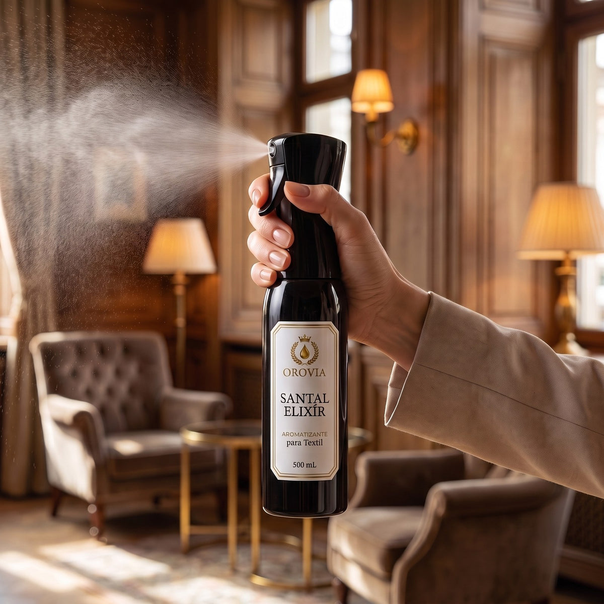 Santal Élixir · Aromatizante Spray Continuo para Textil 500 ml en uso