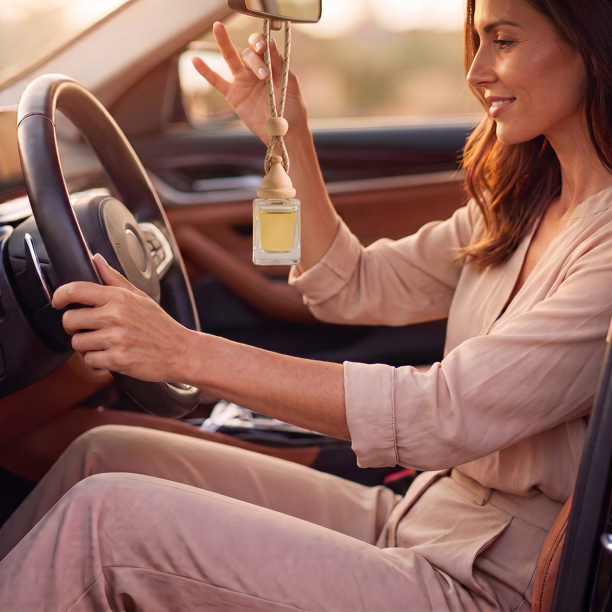 Santal Élixir · Difusor Colgante para Auto 8 ml en uso