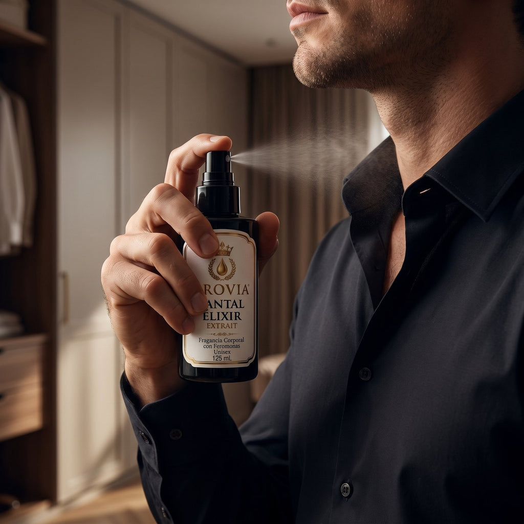 Santal Élixir · Fragancia Corporal con Feromonas 125 ml en uso