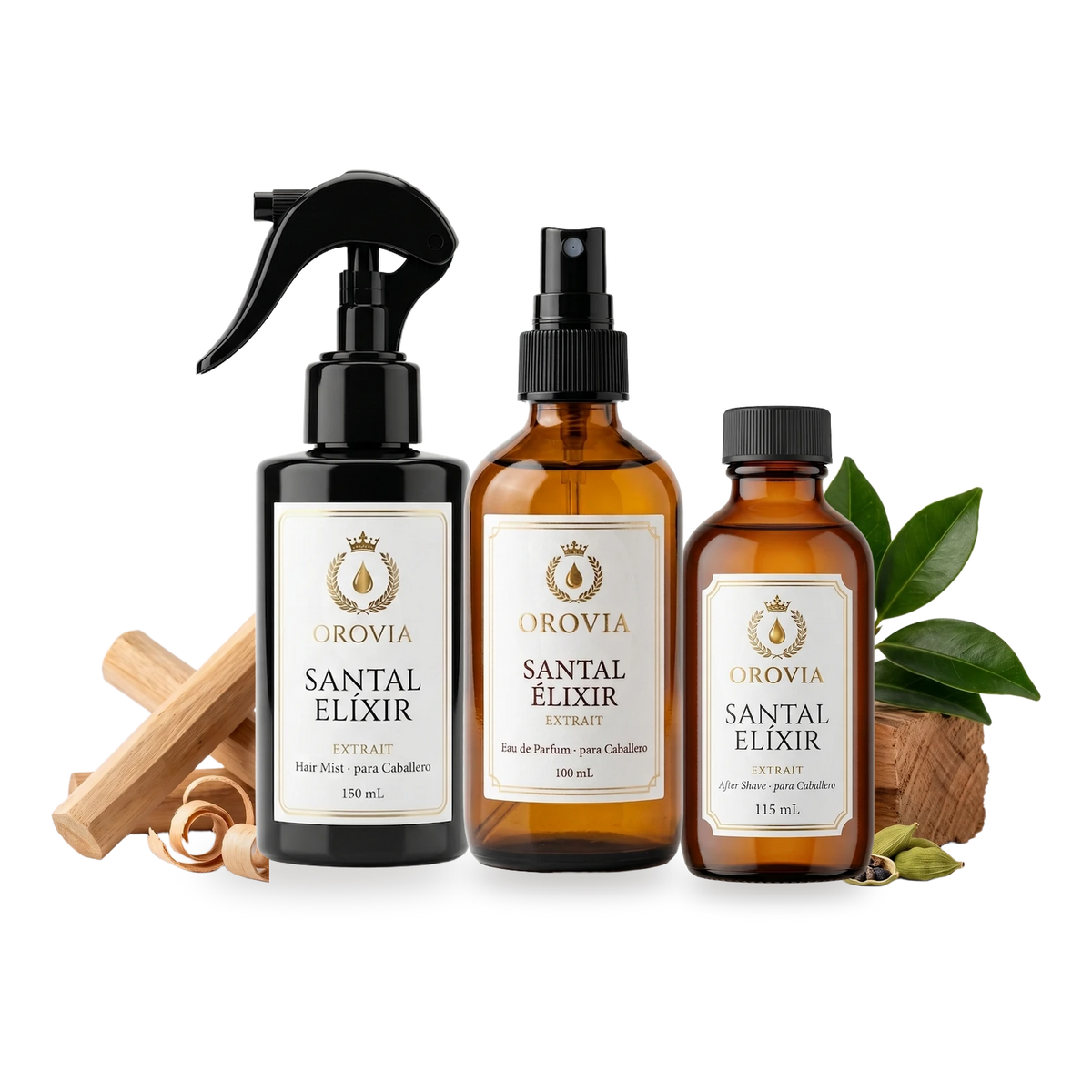 Santal Élixir · Kit Caballero: Eau de Parfum, Hair Mist y After Shave con sándalo, cardamomo y cedro