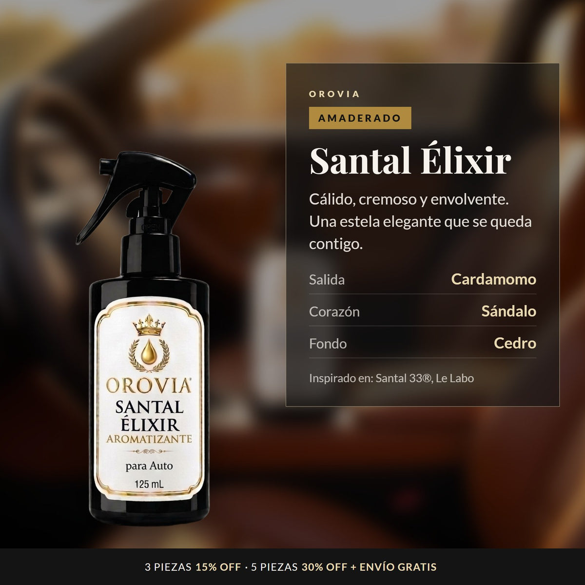 Santal Élixir · Aromatizante para Auto 125 ml: notas de cardamomo, sándalo y cedro