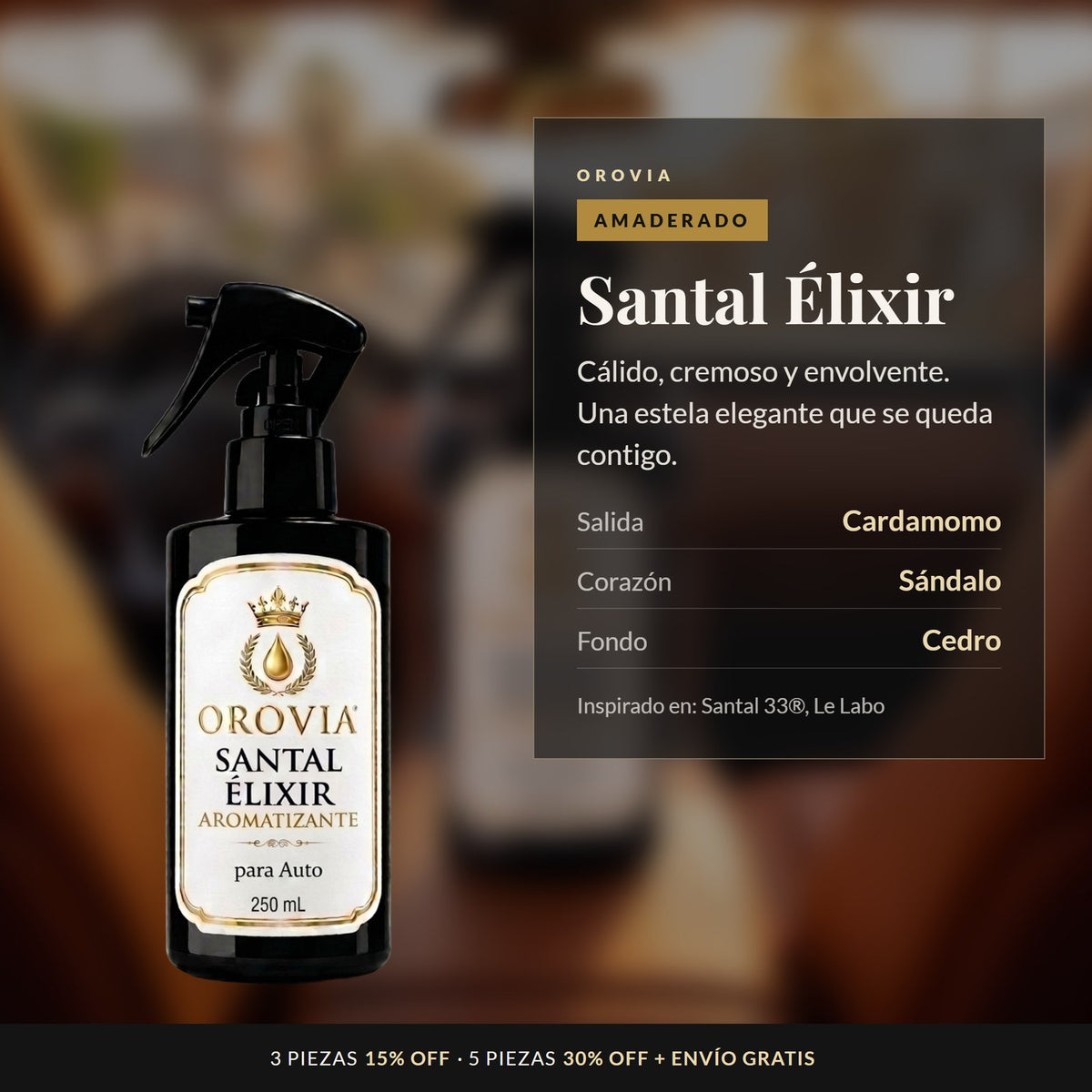 Santal Élixir · Aromatizante para Auto 250 ml: notas de cardamomo, sándalo y cedro