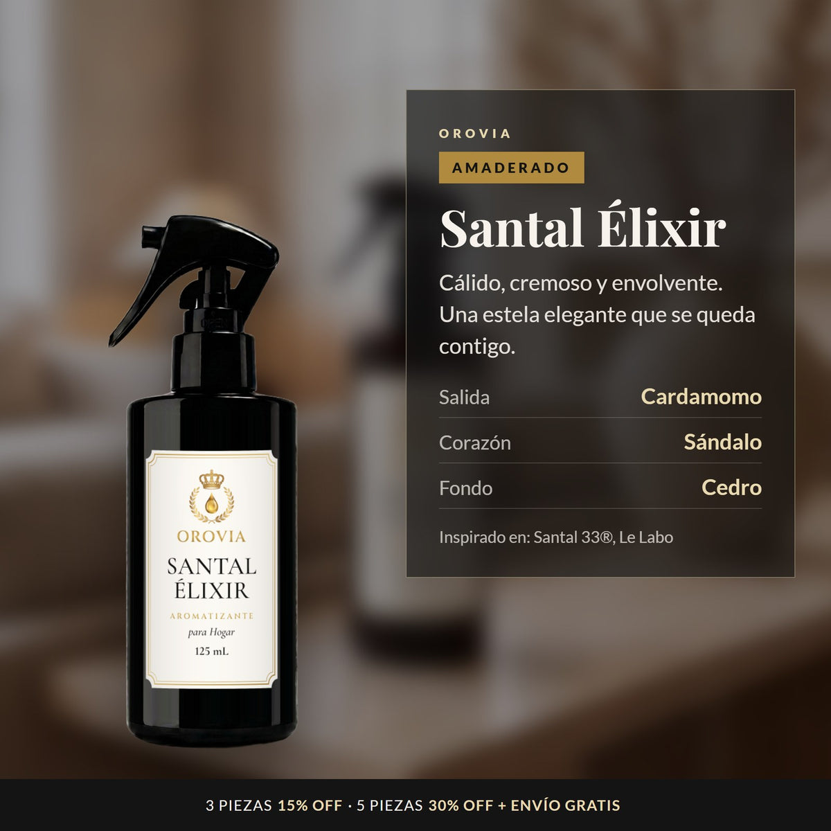 Santal Élixir · Aromatizante para Hogar 125 ml: notas de cardamomo, sándalo y cedro