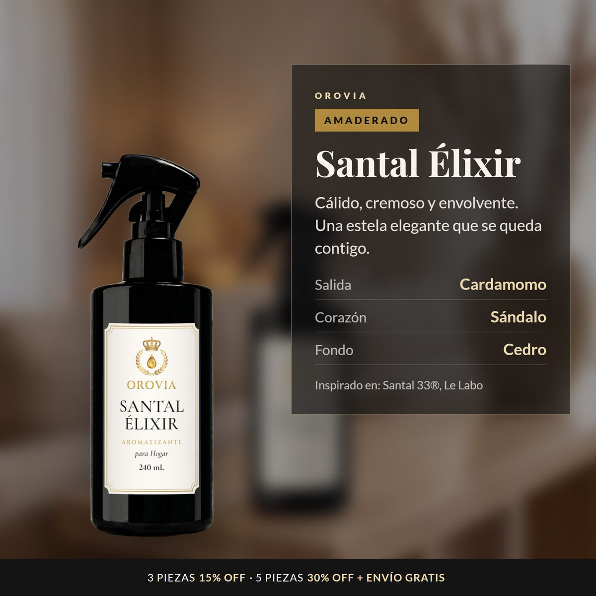 Santal Élixir · Aromatizante para Hogar 240 ml: notas de cardamomo, sándalo y cedro
