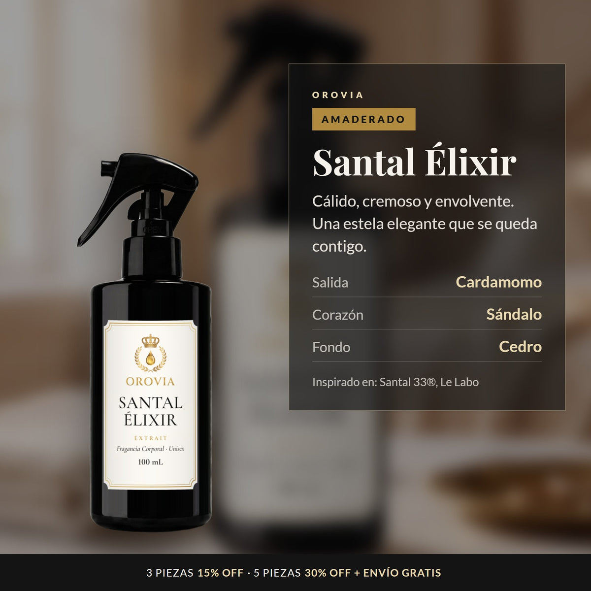 Santal Élixir · Fragancia Corporal 100 ml: notas de cardamomo, sándalo y cedro