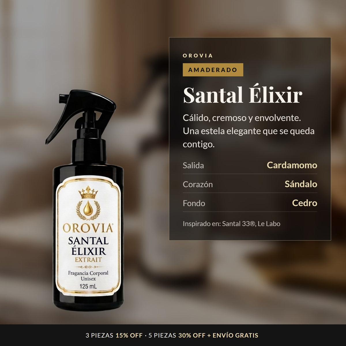 Santal Élixir · Fragancia Corporal 125 ml: notas de cardamomo, sándalo y cedro