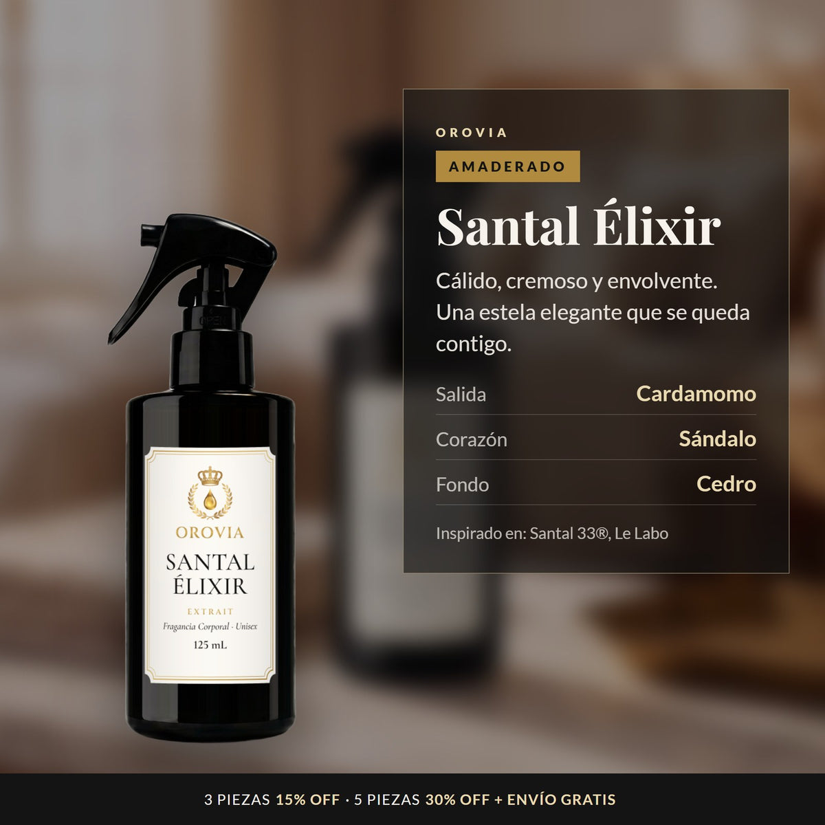 Santal Élixir · Fragancia Corporal 125 ml: notas de cardamomo, sándalo y cedro