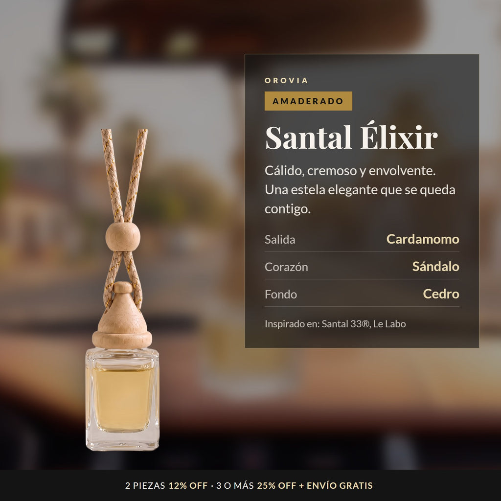 Santal Élixir · Difusor Colgante para Auto 8 ml: notas de cardamomo, sándalo y cedro