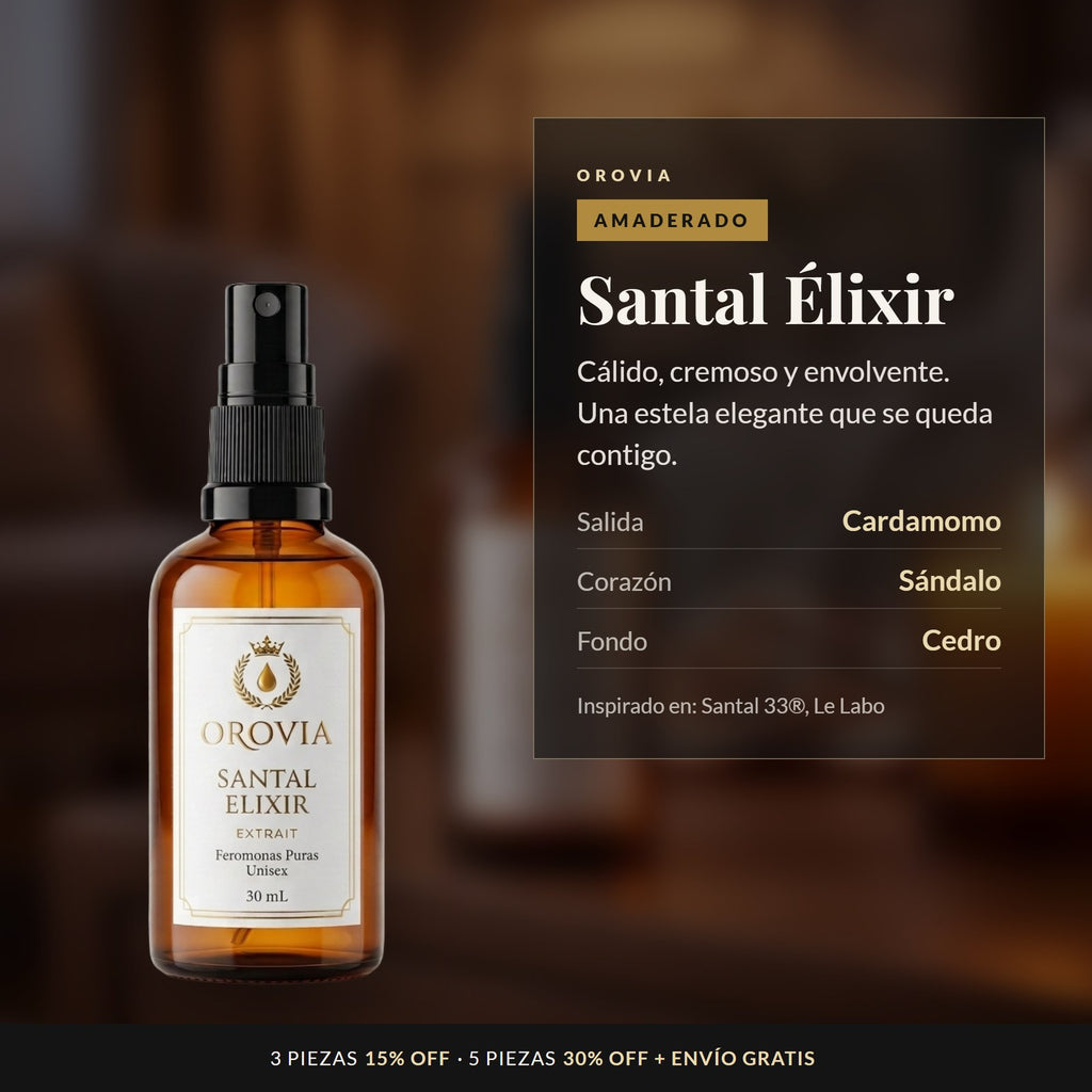 Santal Élixir · Feromonas Puras 30 ml: notas de cardamomo, sándalo y cedro