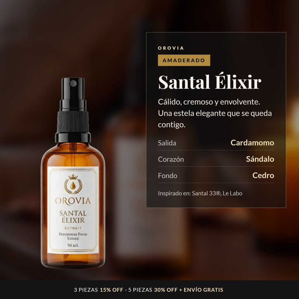 Santal Élixir · Feromonas Puras 50 ml: notas de cardamomo, sándalo y cedro