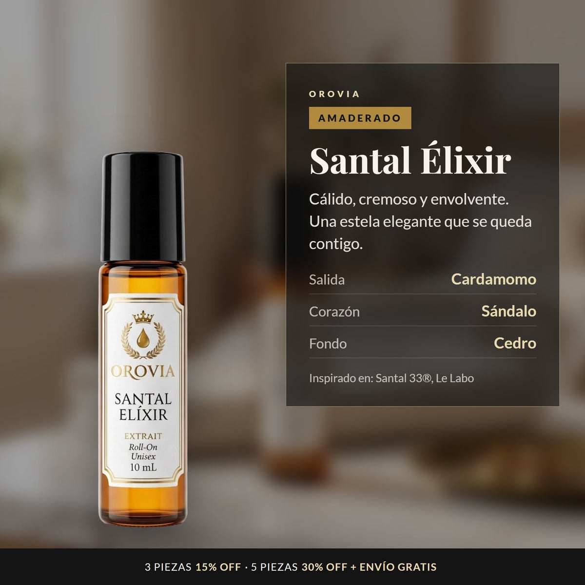 Santal Élixir · Roll-On 10 ml: notas de cardamomo, sándalo y cedro