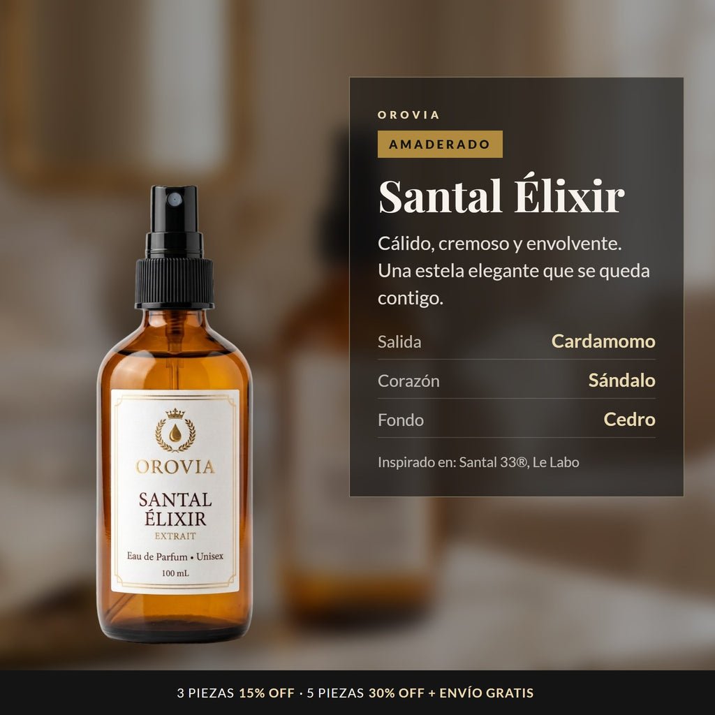 Santal Élixir · Eau de Parfum 100 ml: notas de cardamomo, sándalo y cedro