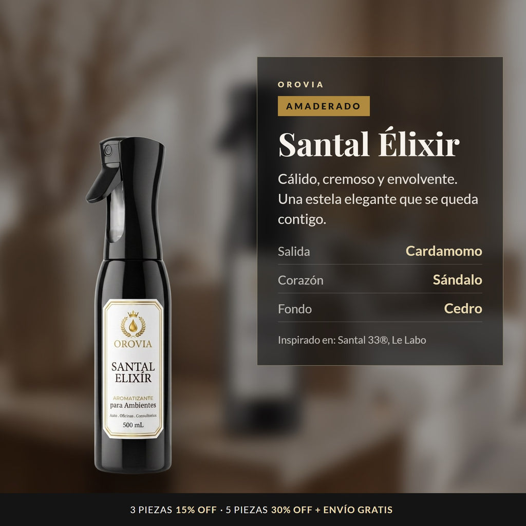 Santal Élixir · Aromatizante Spray Continuo para Ambientes 500 ml: notas de cardamomo, sándalo y cedro
