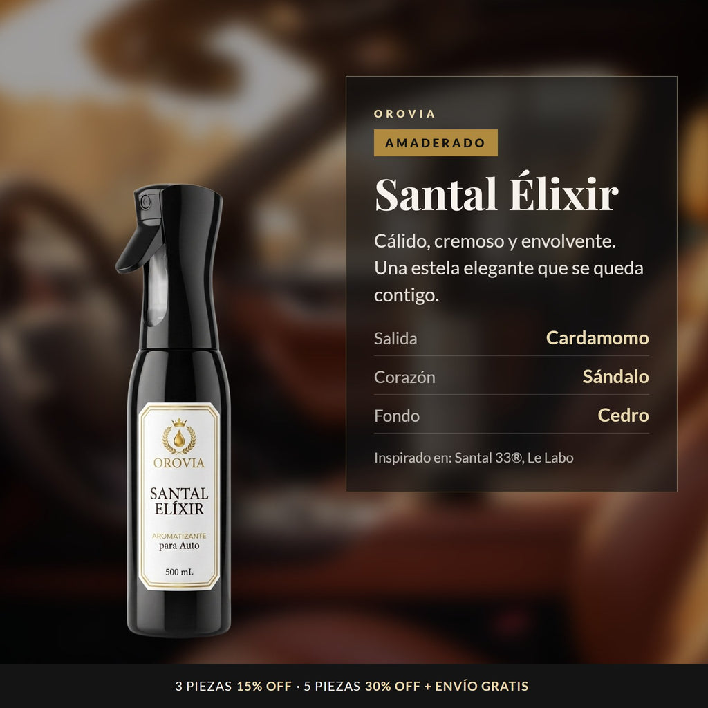 Santal Élixir · Aromatizante Spray Continuo para Auto 500 ml: notas de cardamomo, sándalo y cedro