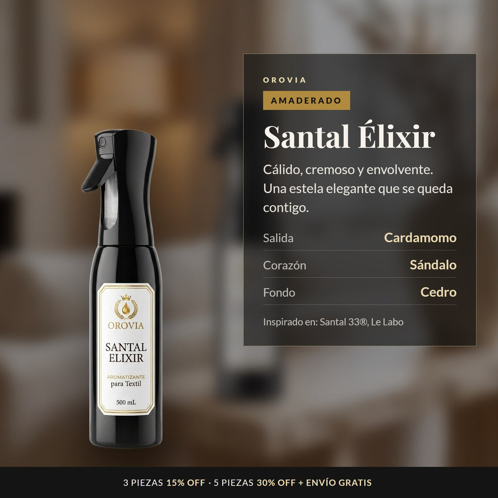 Santal Élixir · Aromatizante Spray Continuo para Textil 500 ml: notas de cardamomo, sándalo y cedro