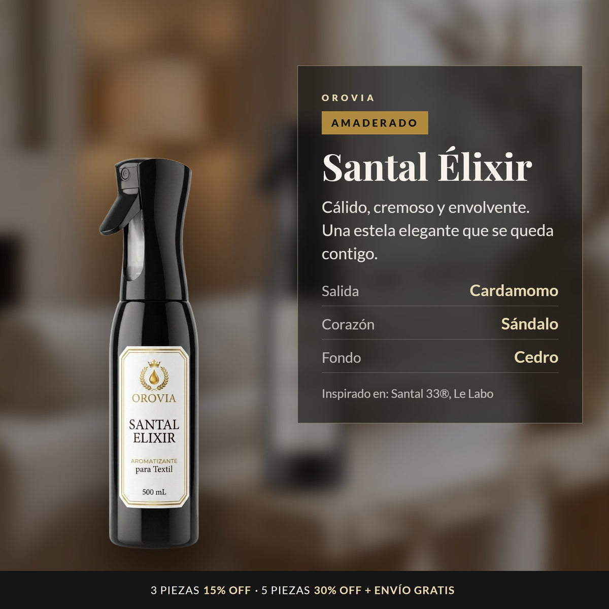 Santal Élixir · Aromatizante Spray Continuo para Textil 500 ml: notas de cardamomo, sándalo y cedro
